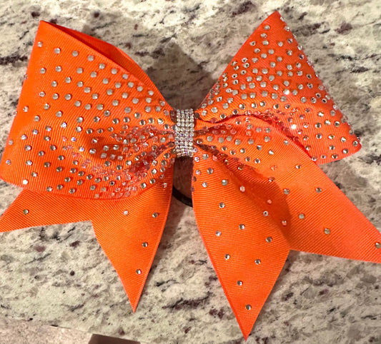 Custom orange center burst rhinestone cheer bow